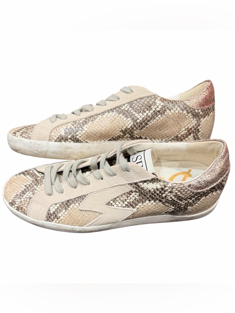 Sam Edelman Areson Beige Snake-Print Lace-Up Sneakers